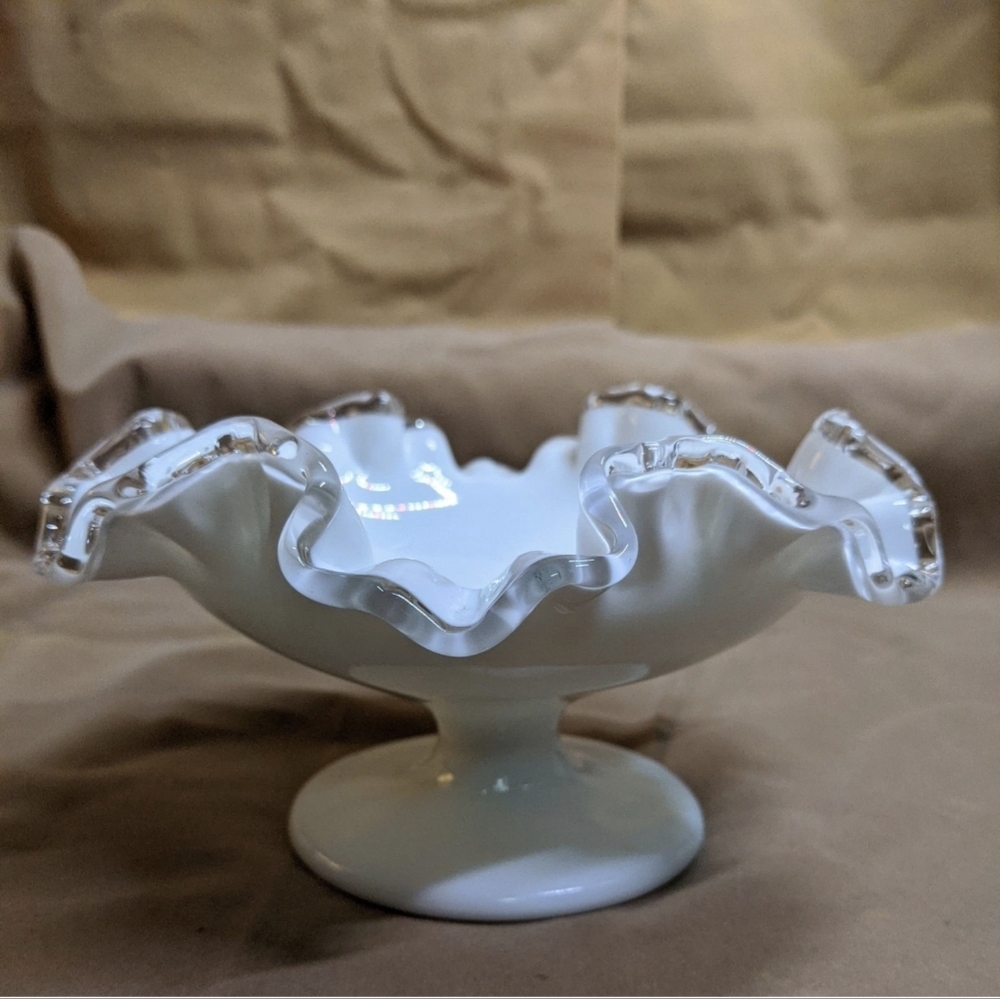 Fenton Vintage Milk Glass Silver Crest Ruffled Crimped Footed Compote/Candy Bowl